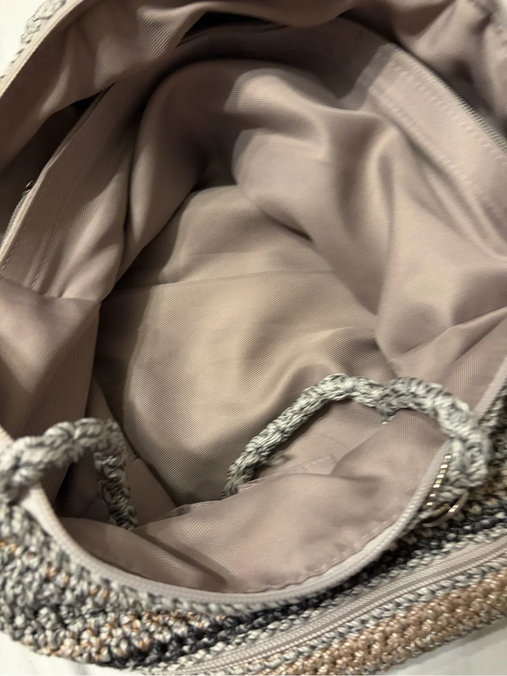 The Sak Crochet Shoulder Tote in Boho Coastal Nuetral Lined Zip Closure